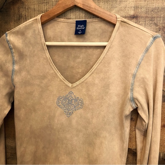 High Sierra Tan Long Sleeve Tee with Reverse Stitching + Delicate Crystals - Picture 6 of 11